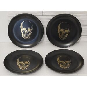 4 Wicked Ciroa Gold Skull on Matte Black 8" Stoneware Heavy Salad Plates Set